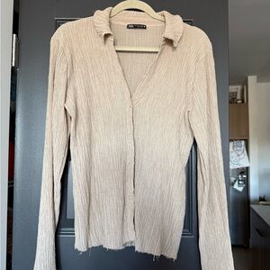 Zara Beige Ribbed Button-Down Shirt